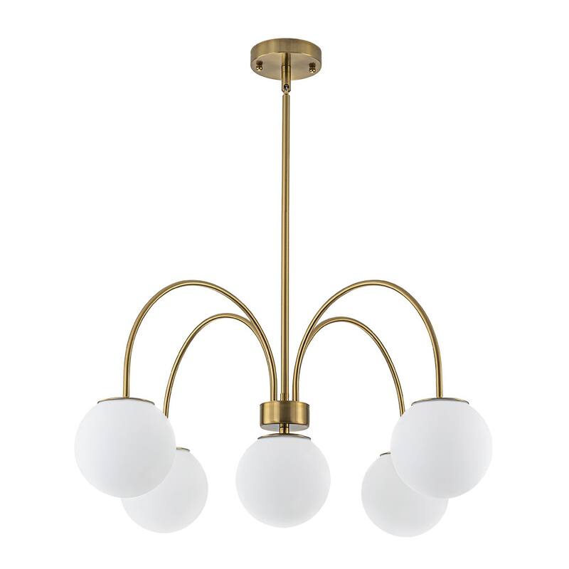 Modern 5-Light Curved Arm Opal Glass Globe Sputnik Chandelier 30in