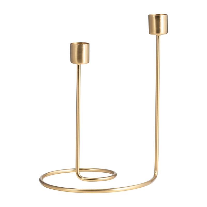 Modern Metal Taper Holder Open-Frame Design and Dual Candle Support - 6" x 5" x 8" - Swirl Gold