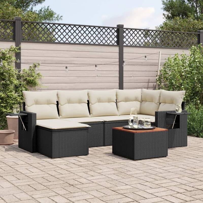 vidaXL Garden Sofa Set 7 Piece with Cushions Outdoor Sofa Set Poly Rattan - Black and Cream - 92.1 x 48.8 x 33.5 in (W x D x H)