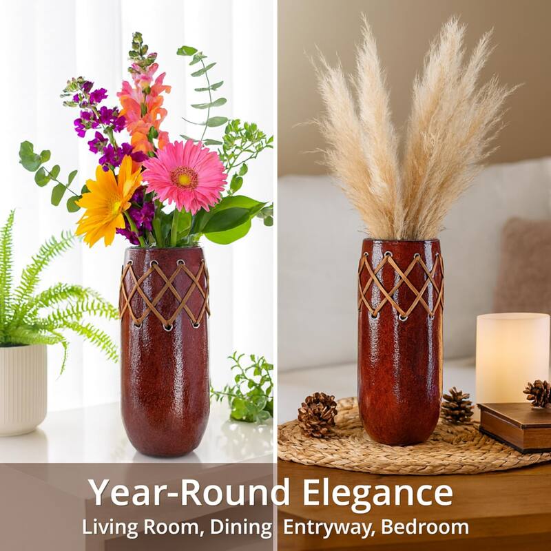 Aria Home Oblong Red Ceramic Vase With Leather Stitch Santa Fe Art