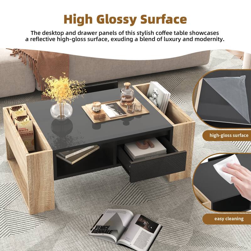 High Gloss Coffee Table with 2 Drawers and Hidden Storage, Two-Tone Center Table - 41.3" W × 23.6" D × 15.7" H