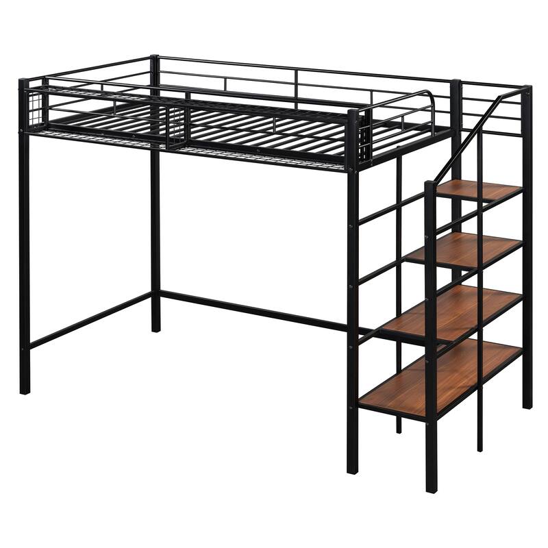 Twin Size Metal Loft Bed with Storage Shelf and Ladder, Black