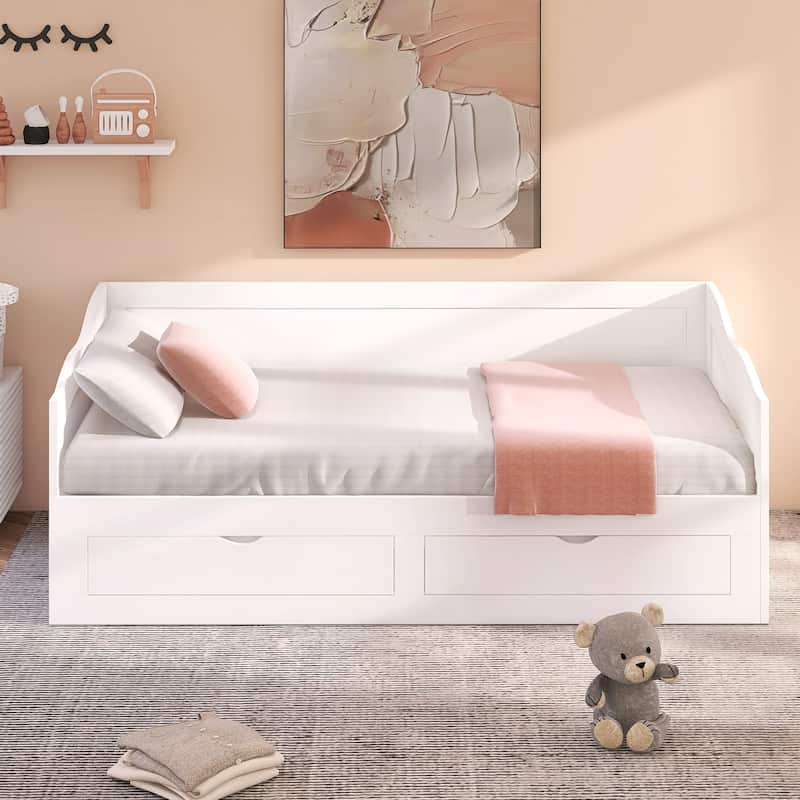 Wooden Daybed with Trundle Bed and Two Storage Drawers - White