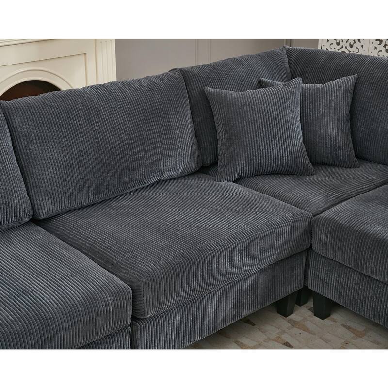 Oversized Modular Sectional Sofa Set, L Shaped, Corduroy Upholstered, 5 Seat, Gray