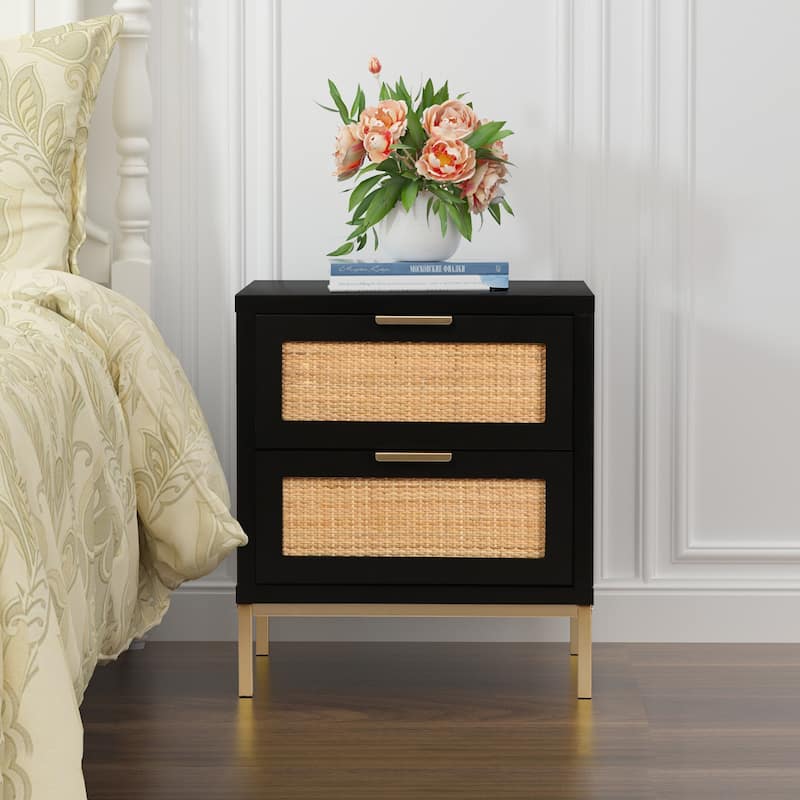 Anmytek 2-Drawer Farmhouse Black Wood Rattan Nightstand Bedside Table Side Table for Bedroom