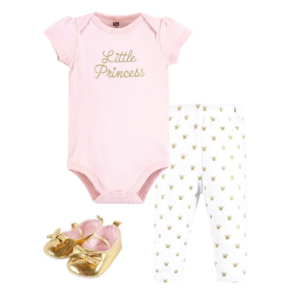 slide 1 of 1, Hudson Baby Infant Girl Cotton Bodysuit, Pant and Shoe Set, Gold Little Princess 12-18 Months - Gold Little Princess