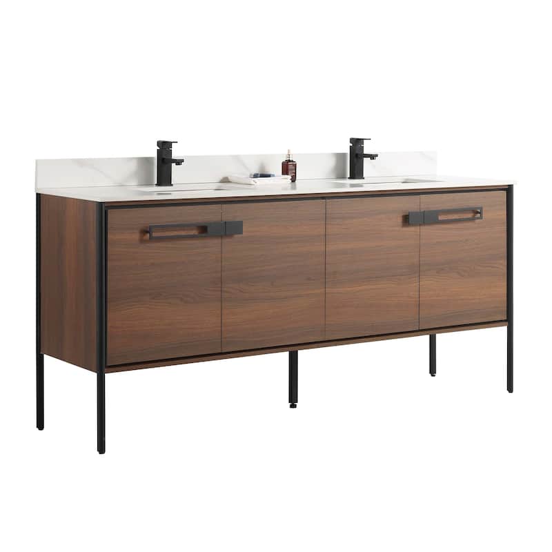 Fine Fixtures Oakville Bathroom Vanity with White Ceramic Sink - 72 Inch - Walnut Ebony - Black Hardware