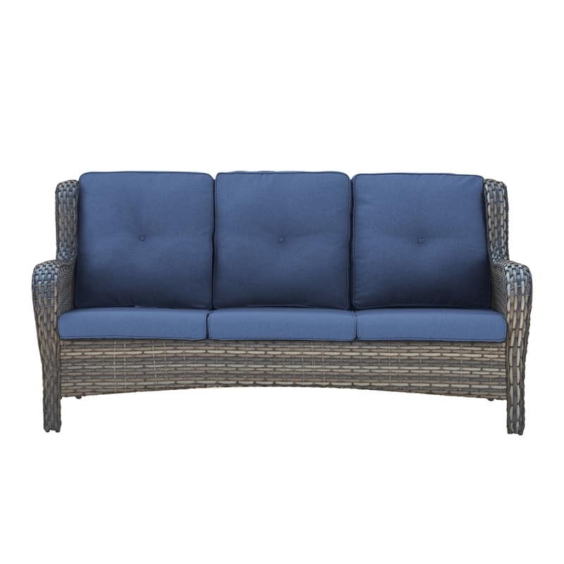 Outdoor Wicker 3-Seater Sofa with cushion, high back and deep seating - Grey/Blue