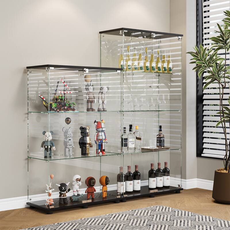 Glass Display Cabinet With 4-Shelf Double Doors And Lock, Curio Cabinet 5mm Tempered Glass Floor Standing Bookshelf