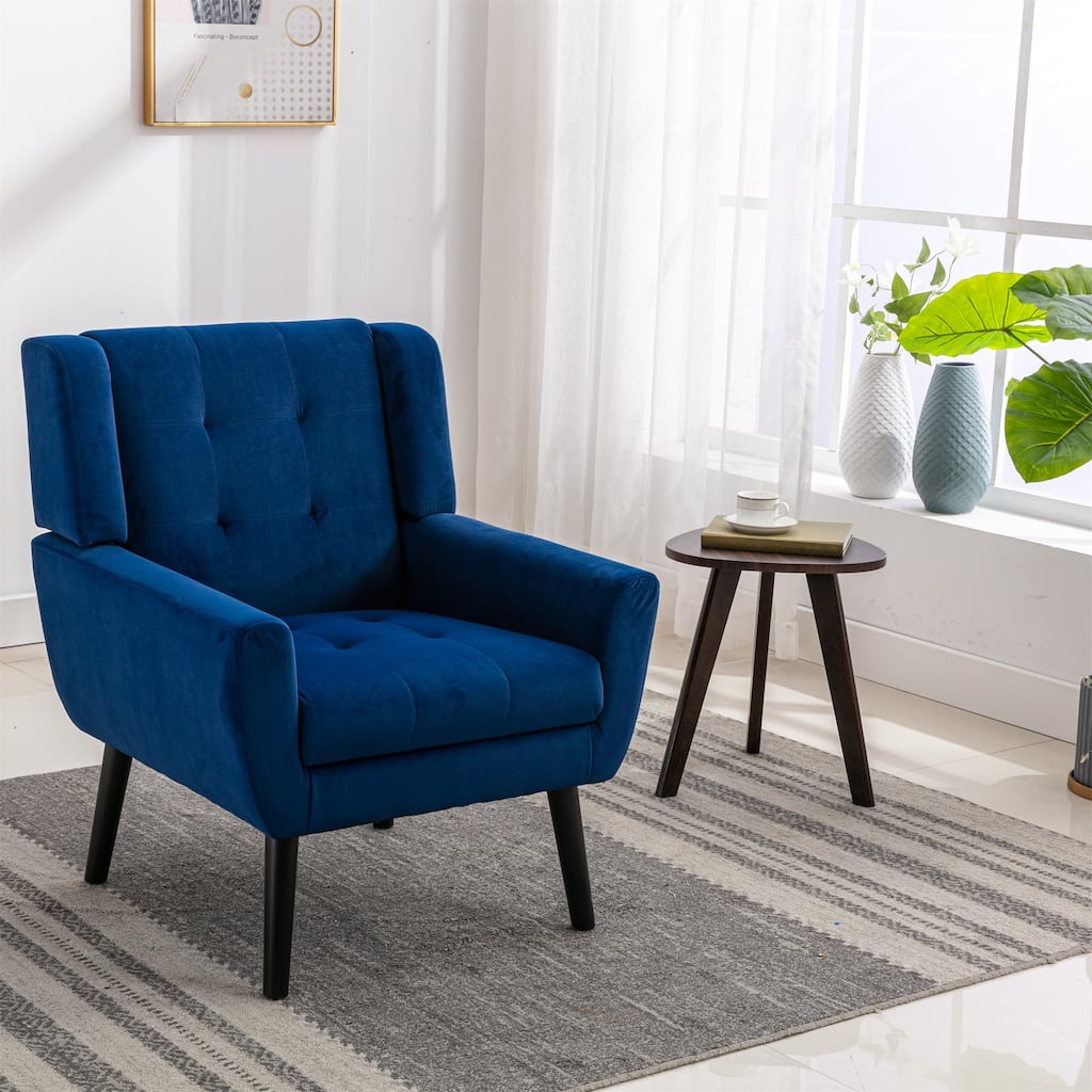 Blue Velvet 29.53" Buttons Tufted Accent Chair with Black Legs