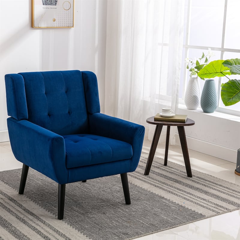 Blue Velvet Modern 29.53" Upholstered Buttons Tufted Accent Chair with Black Solid Wood Legs - Blue Velvet