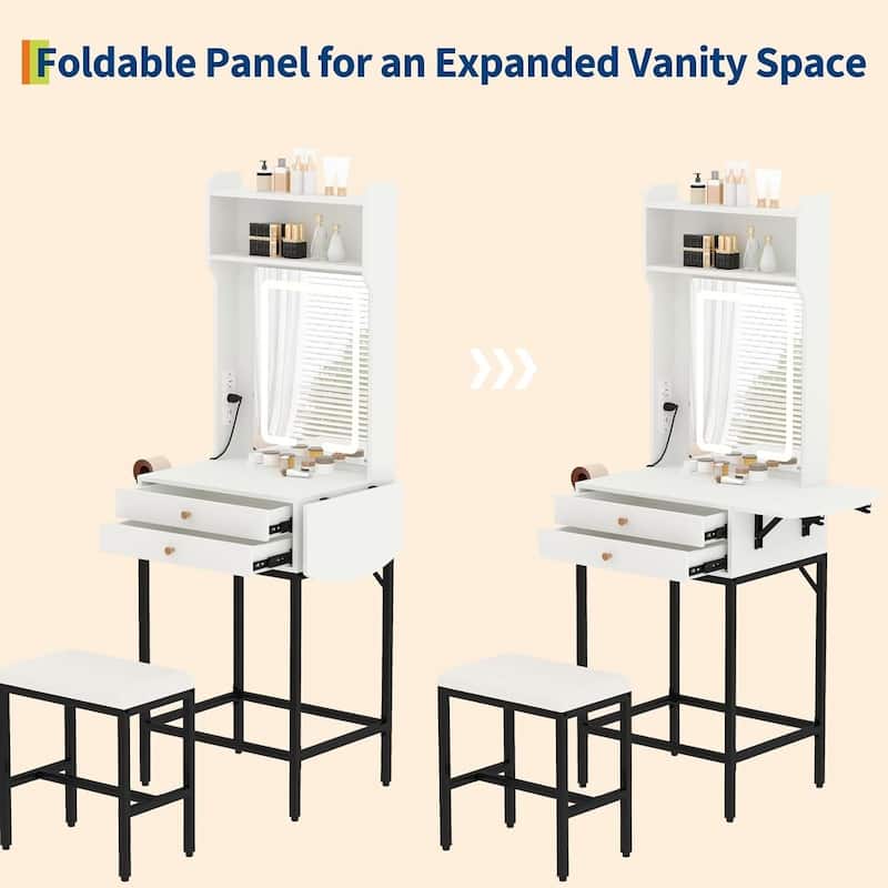 Small Compact Vanity Desk with LED Mirror and Lights for Bedroom Apartment