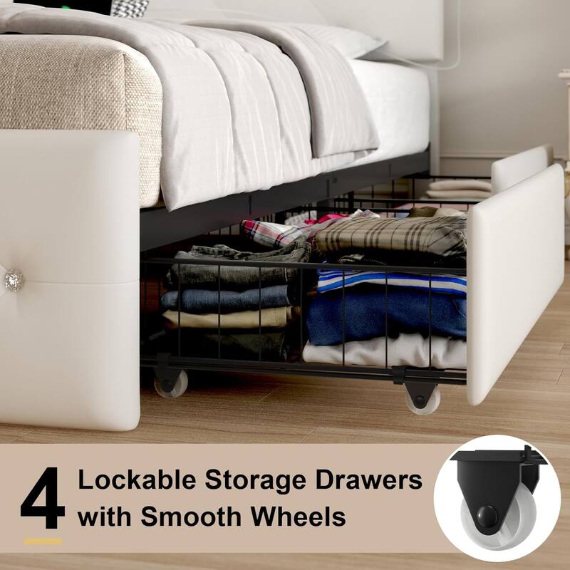 Full Size Bed Frame with LED Light and Storage Drawers, PU Upholstered Bed Frame with Adjustable Headboard, Charging Station