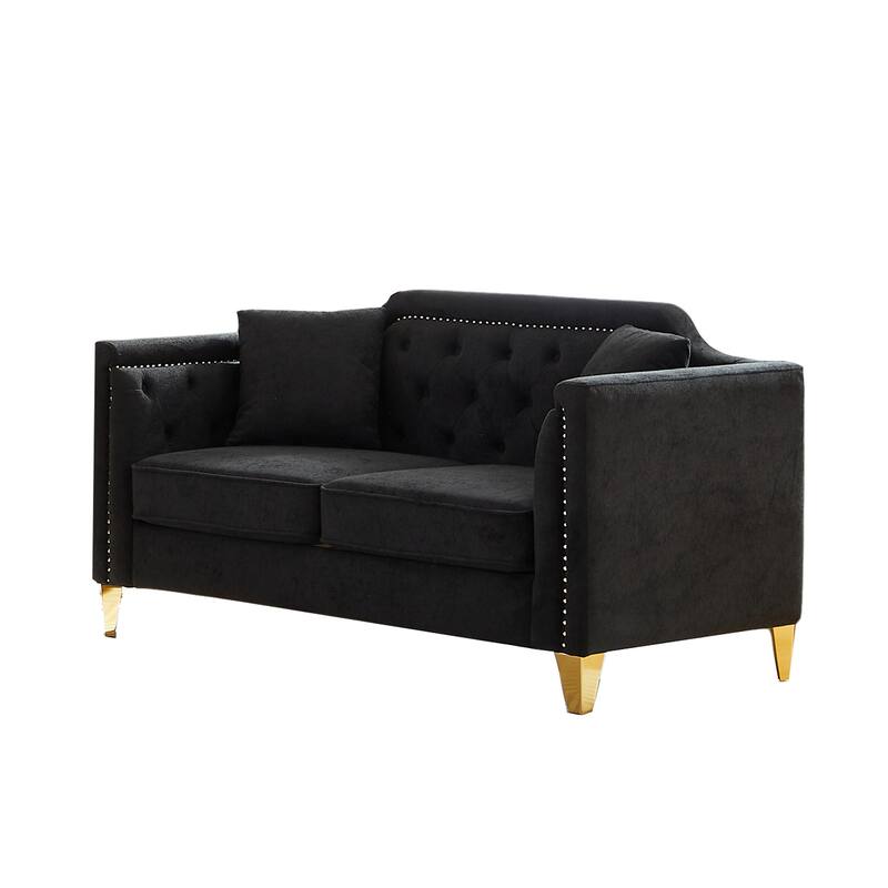 Mid-century Chenille Pull Buckle Sofa, Buttons Tufted With Copper Nail and Metal Leg