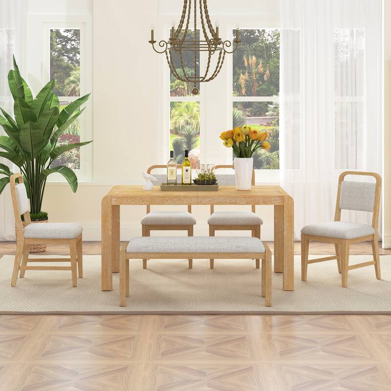 Roomfitters Extendable Dining Table Set for 4-6, Farmhouse Table with Upholstered Chairs & Bench, Rustic Curved Design