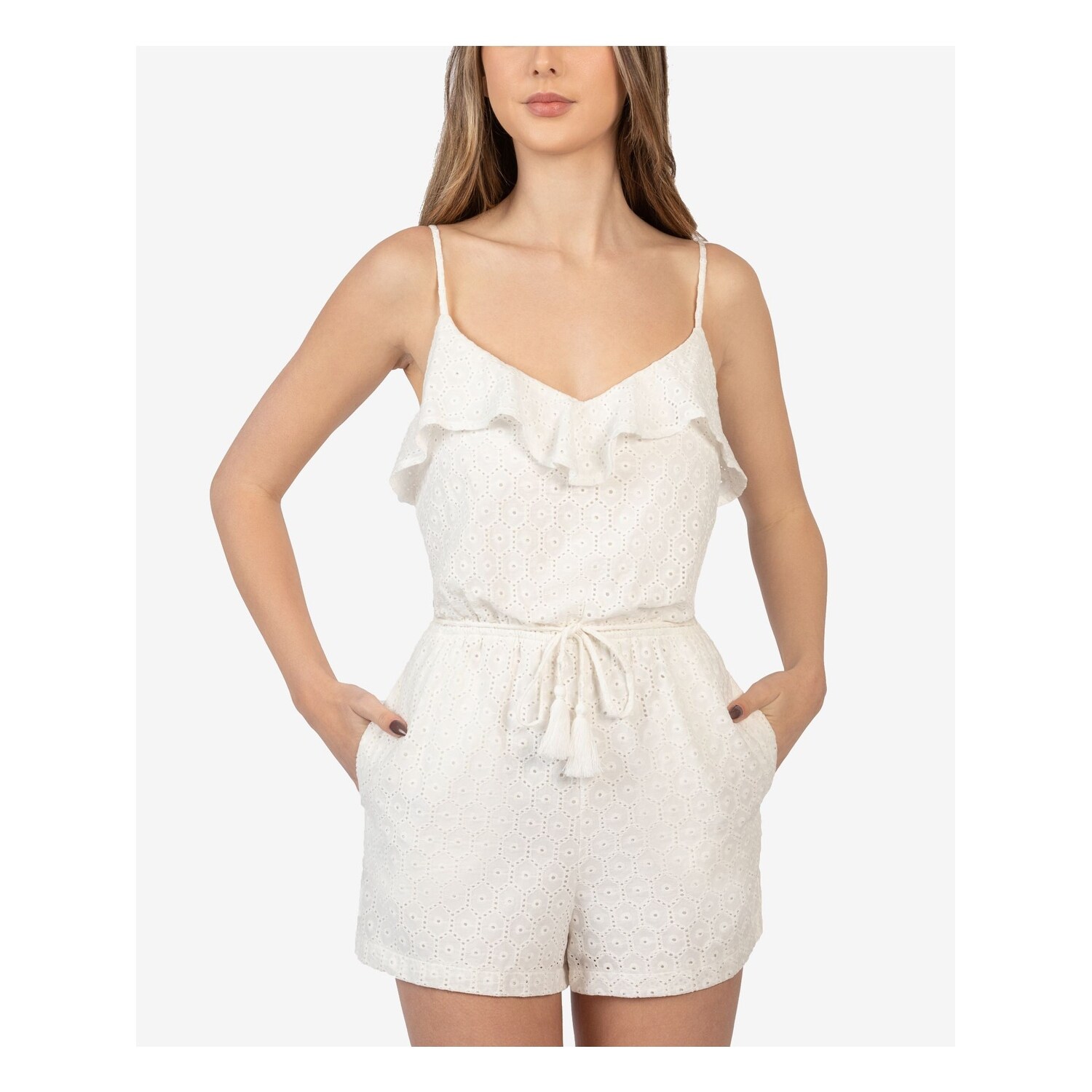 B Darlin Womens White Eyelet Tie Pull On Adjustable Stra Romper Juniors 11 12 11 12 Overstock 35146640