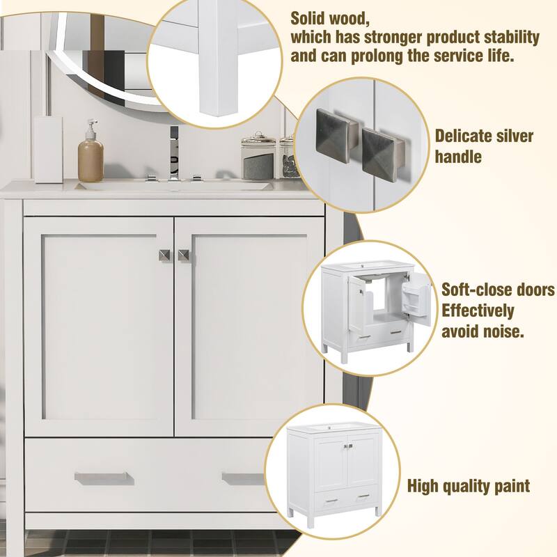 30 Inch Freestanding Bathroom Vanity with Rectangular Ceramic Sink, Two Doors, and Storage Drawer - Elegant Finish