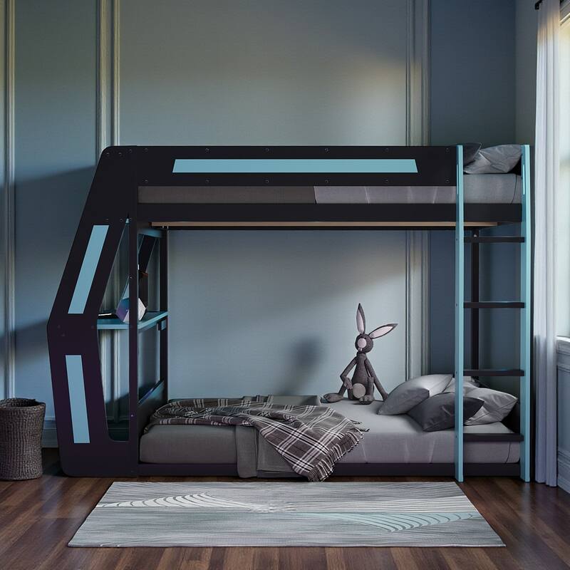 Full Size Gaming Loft Bed with RGB Desk, USB Charging Ports, LED Lights, Heavy Duty Esports Bunk Bed