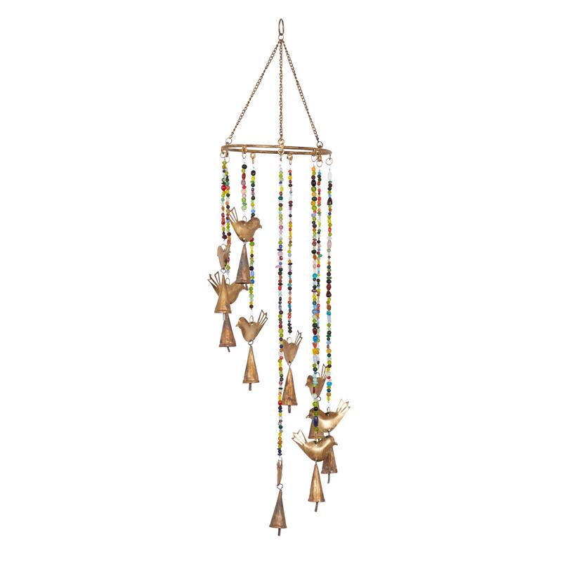 Gold Metal Indoor Outdoor Bird Windchime with Glass Beads and Cone Bells - 7 x 7 x 26