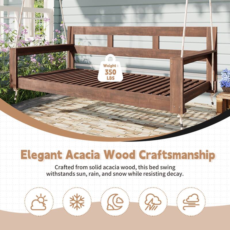 Patio Wooden Twin Size Porch Swing Daybed with 4 Hanging Ropes