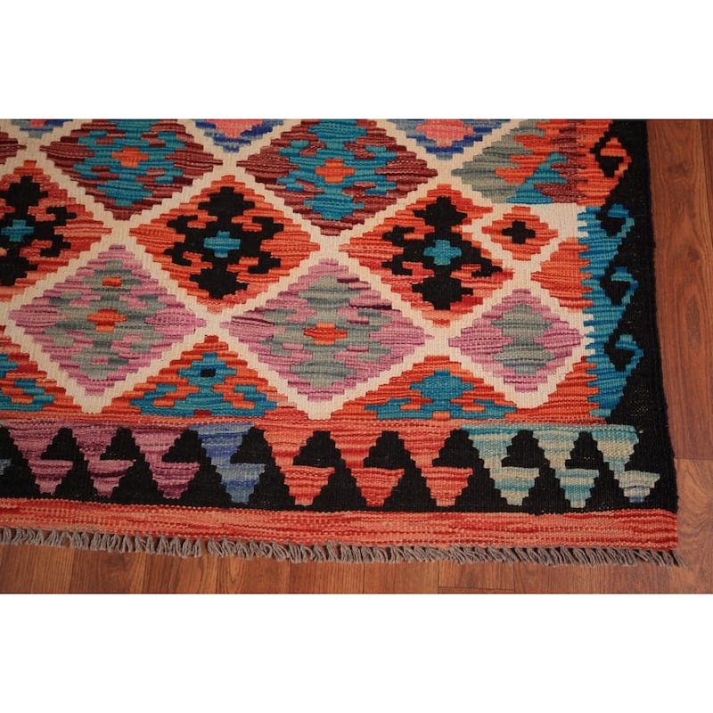 Flat Weave Trellis Kilim Oriental Area Rug Flatweave Wool Carpet - 7'10" x 11'5"