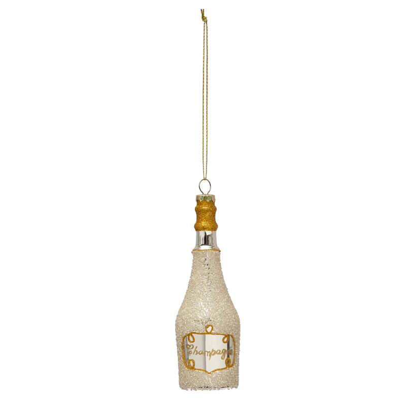 Glass Champagne Bottle Ornament with Glitter - 2.0"L x 2.0"W x 6.1"H - Glass - Gold