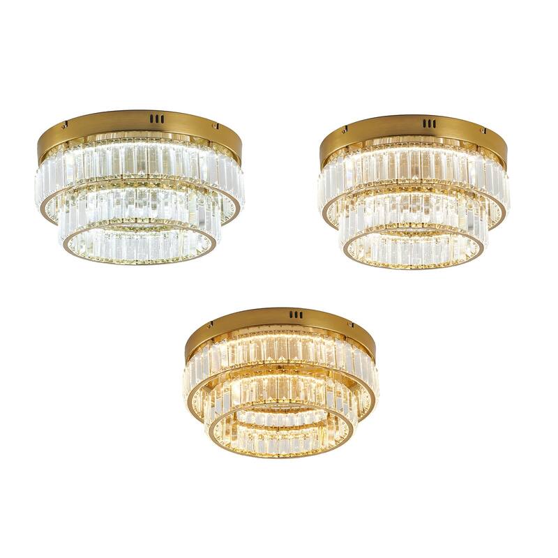 2-Light Brass Dimmable LED Flush Mount With Clear Crystals