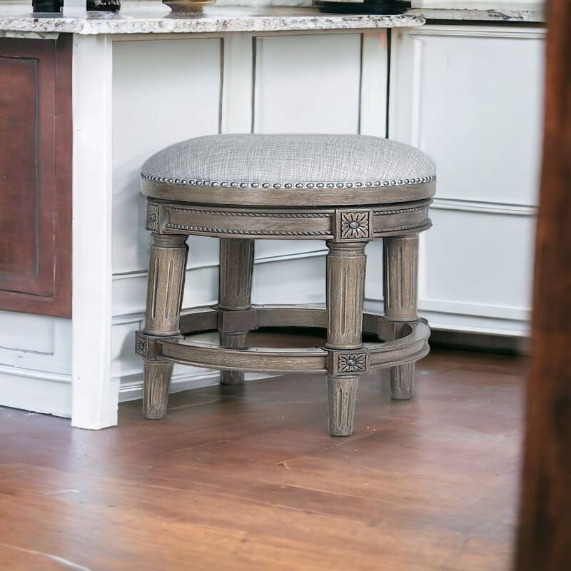 Linen Round Wood Swivel Stool with Nail Head Trim, Backless and Footrest
