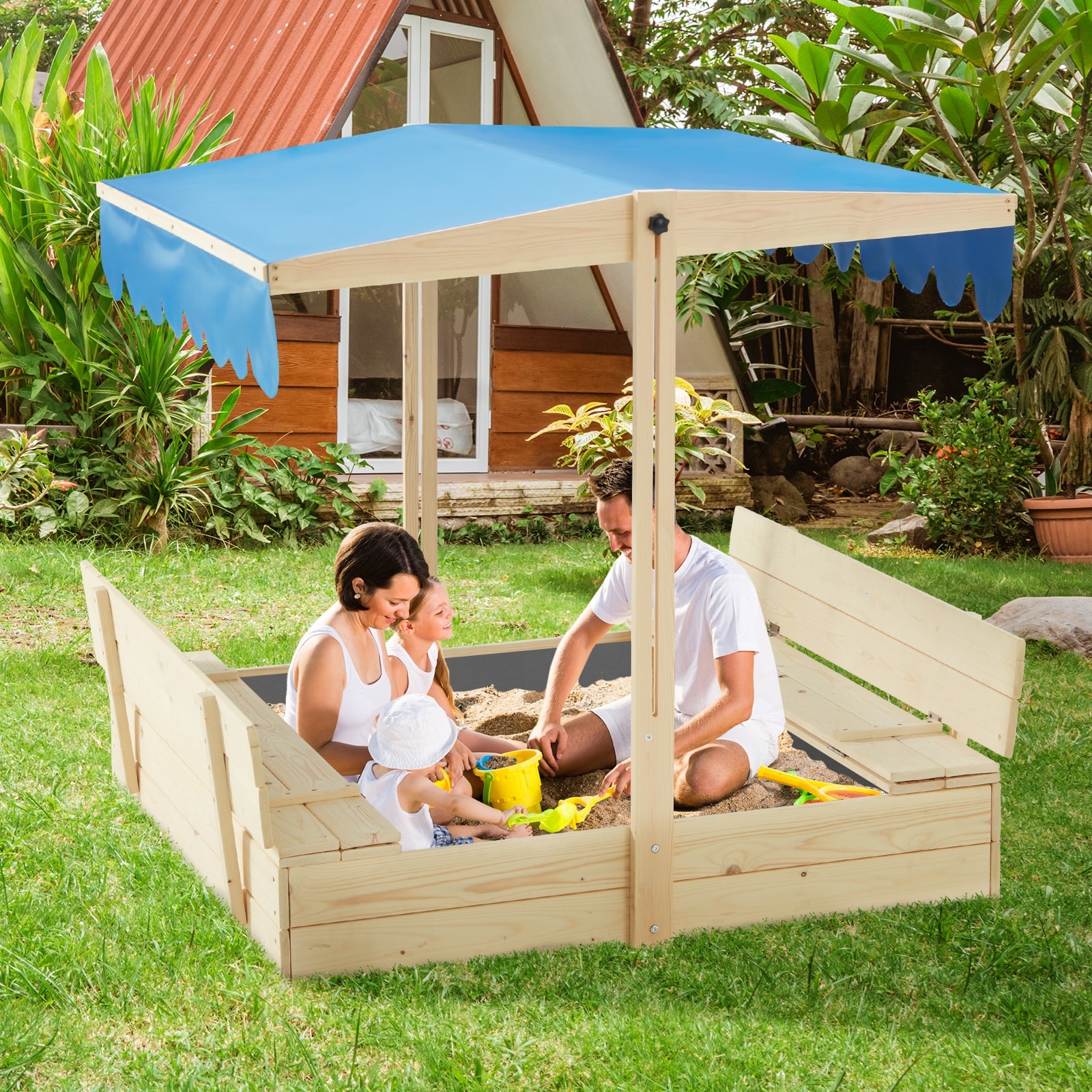 EROMMY Kids Wooden Sandbox with 2 Foldable Bench Seats and