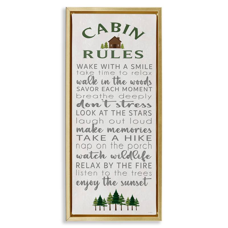 Stupell Fun Rustic Cabin Rules Framed Floater Canvas Wall Art Design By Seven Trees Design - 11 x 25 - Gold