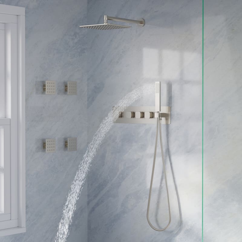 Thermostatic Shower System with 10" Ultra-Thin Square Shower Head,Body Jets And Hand Shower