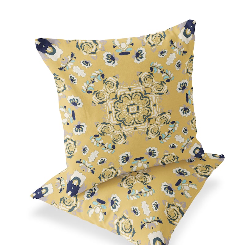 HomeRoots Set of Two 16" X 16" Blue and Yellow Blown Seam Floral Indoor Outdoor Throw Pillow - 16.00' X '16.00' X '5.00