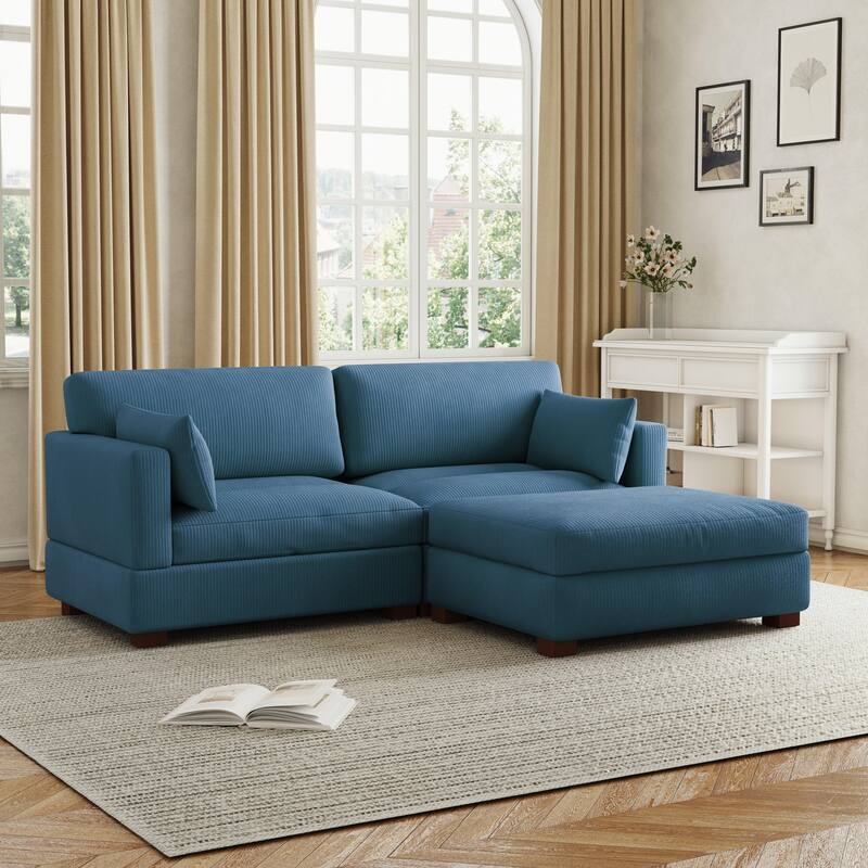 85in.W Corduroy Modular 3-Piece L-Shaped Sectional Sofa with Ottoman