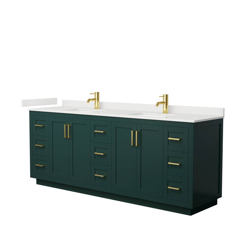 Miranda 84-inch Double Vanity, Quartz Top - Green, Gold Trim, White Quartz Top