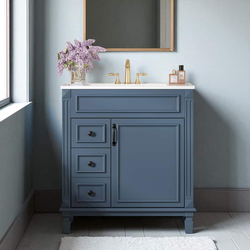 30" Bathroom Vanity with Ceramic Sink Combo, Freestanding Storage Cabinet with Drawers & Shelf, Modern Small Vanity - Blue