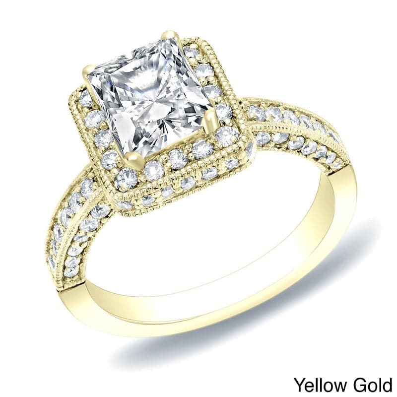 Auriya 14k Gold Vintage Princess-cut Halo Diamond Engagement Ring 2ctw - Yellow - 4