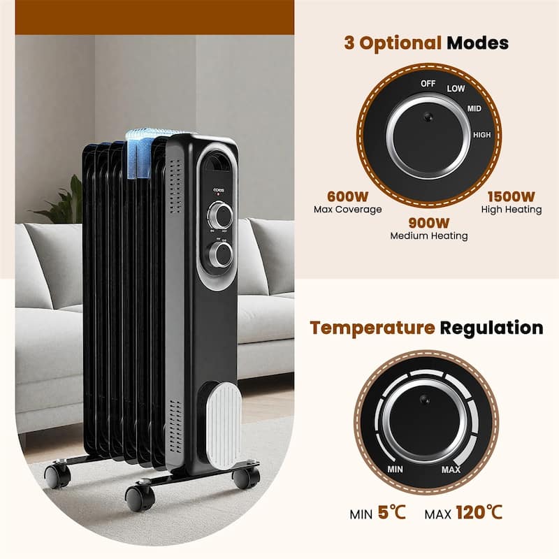 Oil Space Heater, Portable Radiator Heater with 3 Heat Settings, 1500W Thermostat, Tip-Over Protection