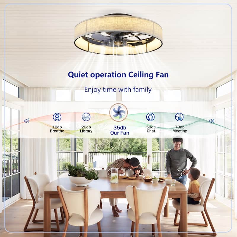 Cusp Barn 20" Farmhouse Flush Mount Ceiling Fan with Light, Quiet DC Motor Fabric Shade Fandelier Ceiling Fan For Living Room