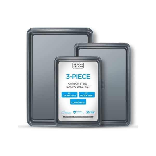 slide 2 of 7, BLACK+DECKER 3-Piece Carbon Steel Baking Sheet Set, Includes 13”, 15”, 17” Cookie Sheets for Baking