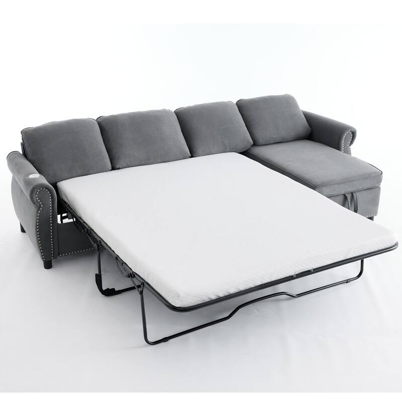 106.5" L-Shaped Flannelette Sectional Sofa with Pull-Out Bed