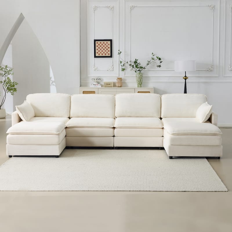 Corduroy Symmetrical Modular Couch U-shaped Sectional Sofa with 2 Ottoman Chaise Lounge and Throw Pillows for Living Room