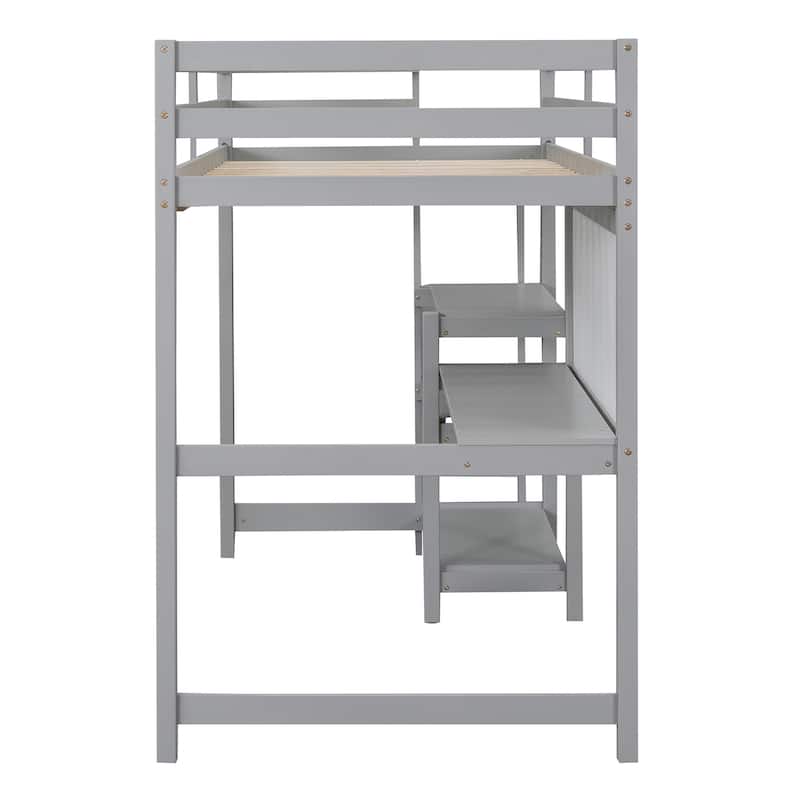 Space-Saving Twin Loft Bed with Study Desk, Shelves, and Guardrails
