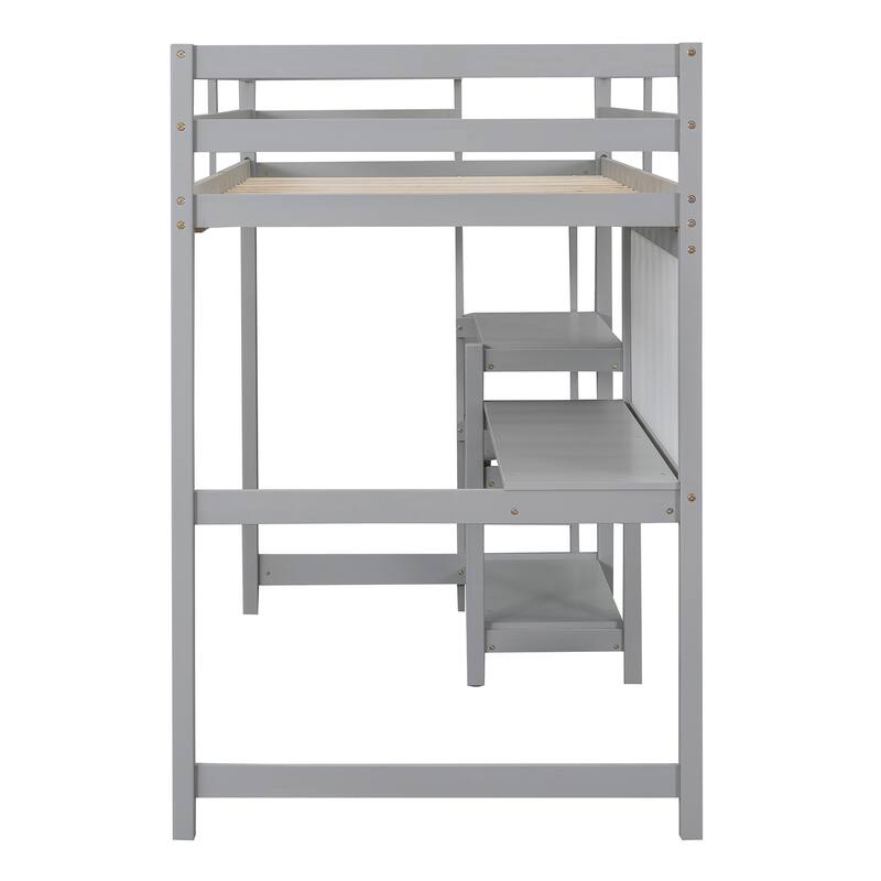 Twin Wooden Loft Bed with Desk, Shelves, and Writing Board