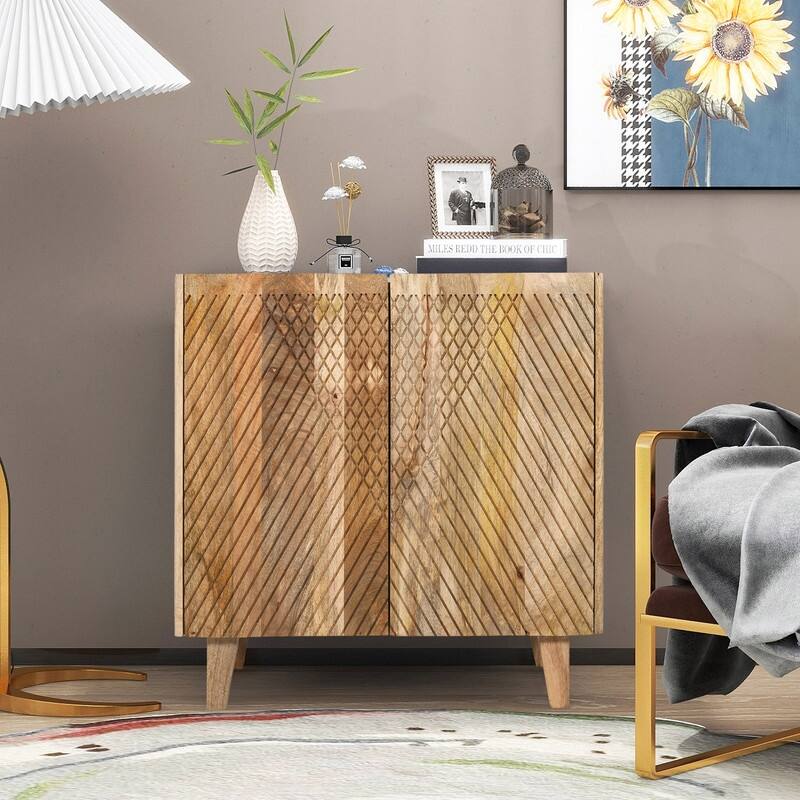 Rustic Solid Mango Wood Accent Buffet Cabinet with Fluted Door and Adjustable Shelf - Natural
