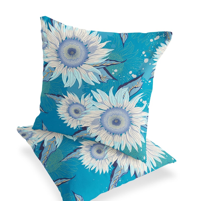 HomeRoots Set of Two 16" X 16" Blue and White Blown Seam Floral Indoor Outdoor Throw Pillow - 16.00' X '16.00' X '5.00