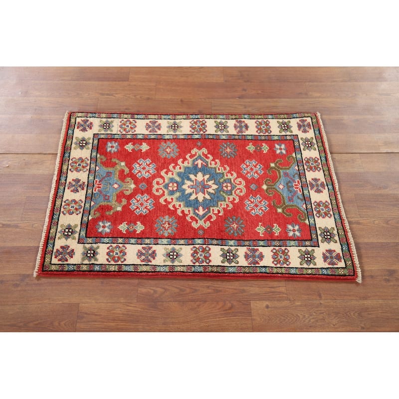 Red Geometric Kazak Oriental Foyer Rug Hand-Knotted Wool Carpet - 1'11" x 3'1"