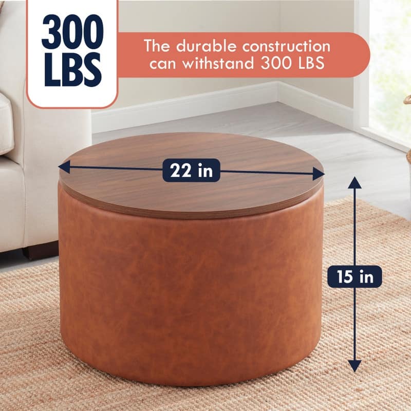 Parker Large Round Storage Coffee Table Ottoman with Wooden Lift Off Lid