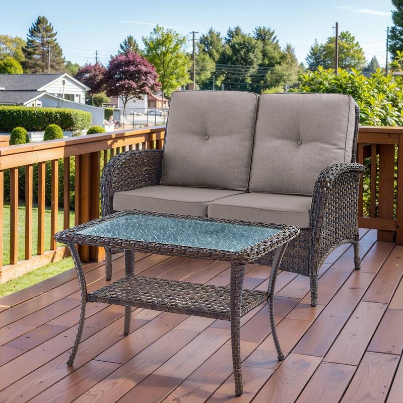 Pocassy Outdoor Loveseat Sofa with Table Funiture Set - Brown Wicker Grey Cushion - Loveseat Sofa with Table