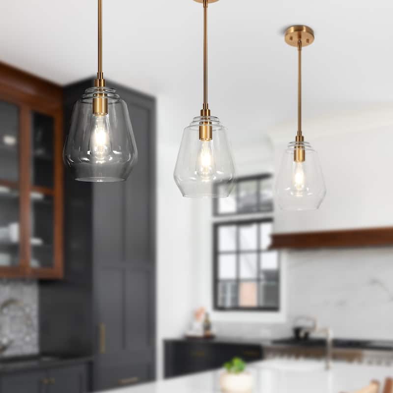 Velus Mid-century Modern Gold 1-Light Cylinder Clear Glass Single Pendant Kitchen Island Lights - D 8'' x H 11''
