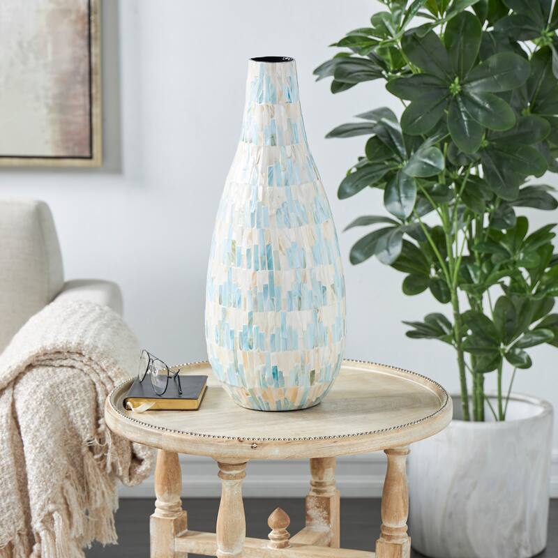 White Mother of Pearl Shell Handmade Mosaic Inspired Decorative Vase with Pastel Blue and Pink Accents - White